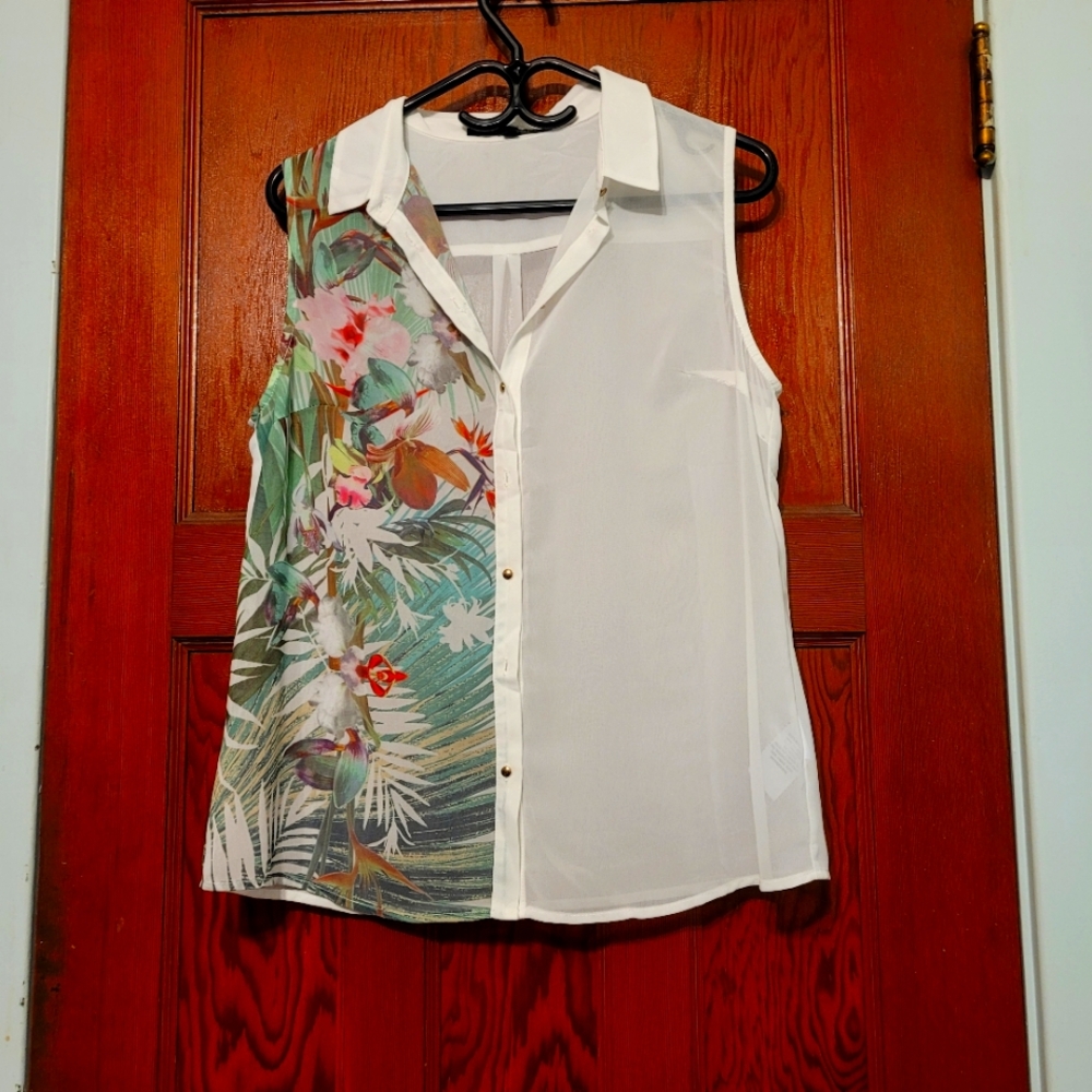 Sheer Floral Print Sleeveless Blouse - White and Green